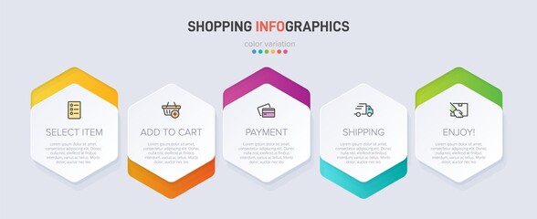 Concept of shopping process with 5 successive steps. Five colorful graphic elements. Timeline design for brochure, presentation, web site. Infographic design layout.