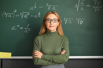 Fototapeta Mature maths teacher near blackboard in classroom obraz
