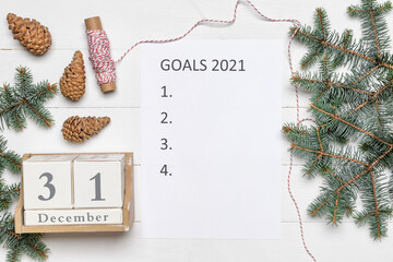 Empty to do list on 2021 year with calendar on white wooden background