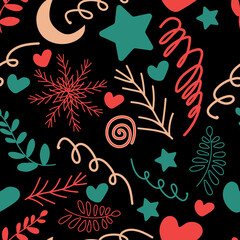 Seamless pattern, modern red and green elements with Christmas attributes on a black background.
