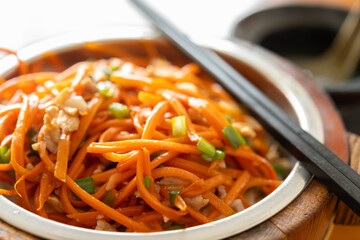side view fast food slices of pork and carrots with rice and soup horizontal composition