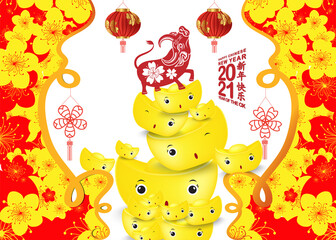 Happy Chinese new year 2021 chinese gold ingots, the year of the ox zodiac, cow Cartoon calendar vector illustration