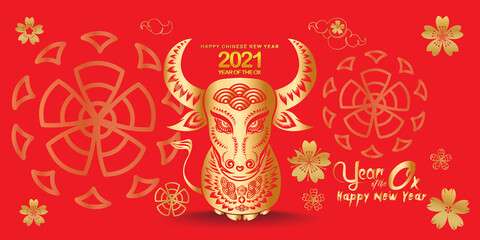 Happy Chinese New Year 2021 Background with Chinese new year greeting scroll. Year of the Ox