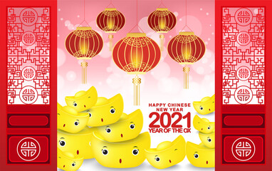 Happy Chinese New Year 2021 Background with chinese gold ingots and Lanterns. Year of the Ox