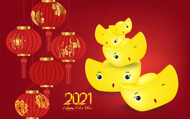 Fototapeta premium Happy Chinese New Year 2021 Background with chinese gold ingots and Lanterns