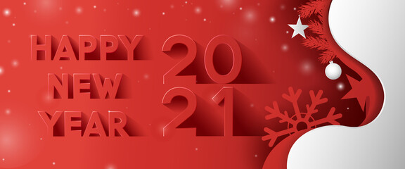 Happy New Year 2021 text design in paper cut style and long shadow on red and white background with sparkles. Vector Illustration