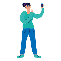 young woman using smartphone technology character