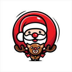 The reindeer character rides a cute Santa Claus with a big bag filled with gifts