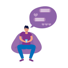 young man seated in sofa using smartphone and romantic chat