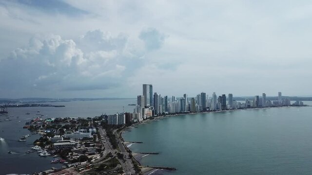 Slow Rotation Sky line of Cartagena Colombia and old city with port. 