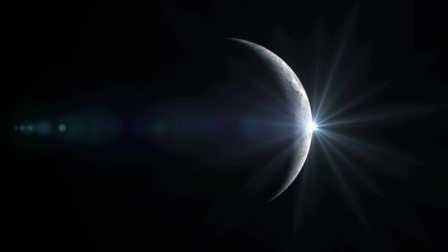 Sun slowly Rises and illuminates the Moon in space creating a thin bright Rim. Elements of this animation furnished by NASA