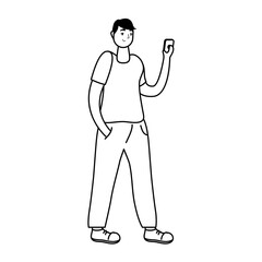 young man using smartphone technology line style