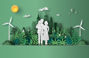 A family enjoy fresh air in the park with a city background, save the planet and energy concept, paper art, and craft style.