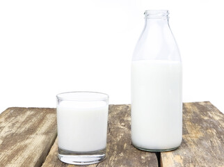 A bottle and glass of milk on a wooden background. Copy sapce. Place for text