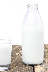 A bottle and glass of milk on a wooden background. Copy sapce. Place for text