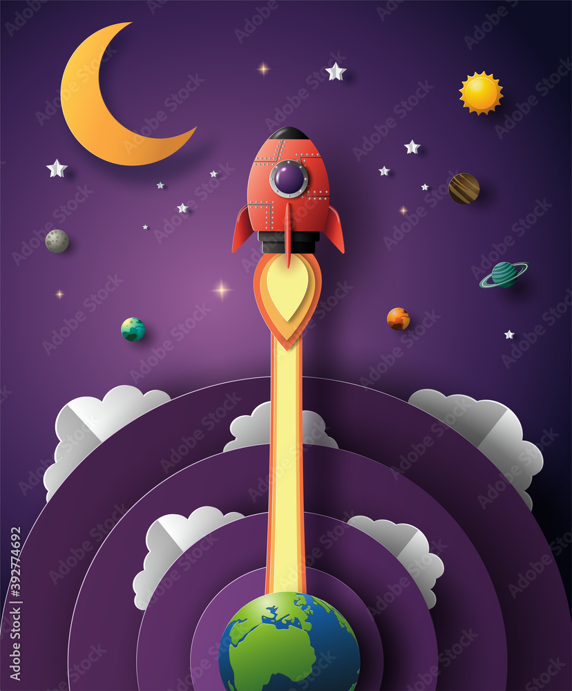 Poster paper art style of rocket flying in space, start-up concept, flat-style vector illustration.