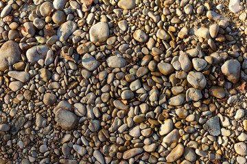 Natural river stony bottom, shallow riverbed during autumn weather on a Sunny day in a mountainous area.