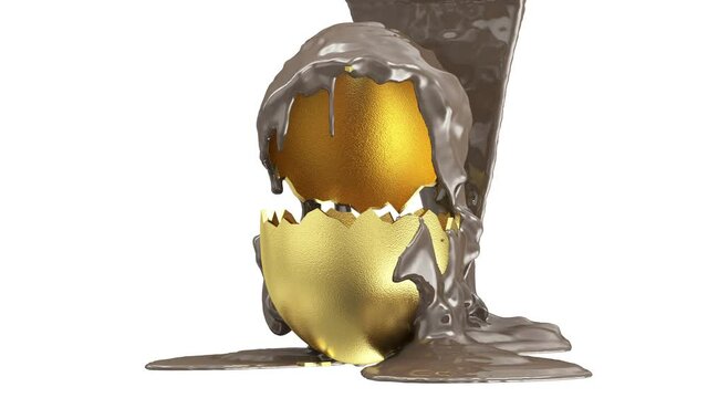 Milk Chocolate is Poured on a Broken Golden Easter Egg on white and Green Screen background