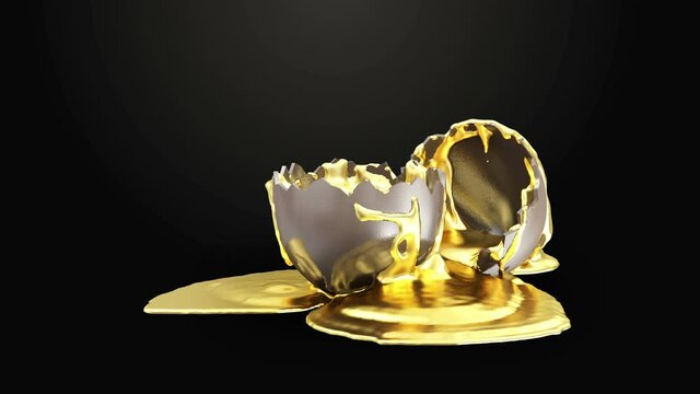 Shiny Melt Gold is Poured on a Broken Chocolate Easter Egg on black background