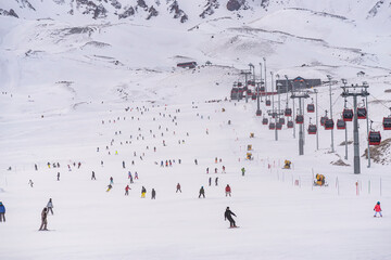 People skiing in Erciyes ski resort. Snowy Mount Erciyes