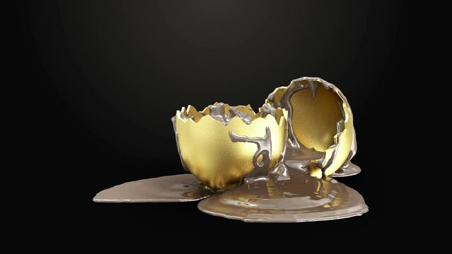 Milk Chocolate is Poured on a Broken Golden Easter Egg on black background. Happy Easter Concep