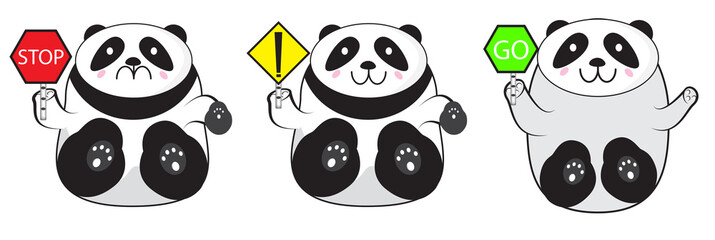 panda gives traffic alert sign, cute panda white background