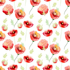 Watercolor floral background with red poppies. Romantic fragile flowers. Hand drawn seamless pattern for consumer industry design. Raster illustration