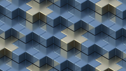 Obraz premium Abstract 3D render. Gold and blue medical cross or x or plus. Symbols or signs. Modern pattern illustration. Background wallpaper. Health care poster or banner design. Isometric composition.