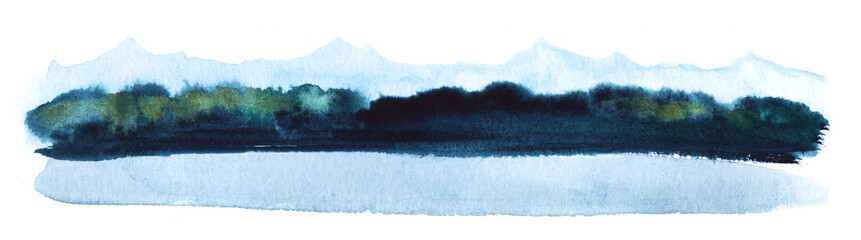 Abstract watercolor background. Stripe of landscape of vague silhouettes of blue mountains, blurry dark forest and lake on white background. Hand drawn creative place for title