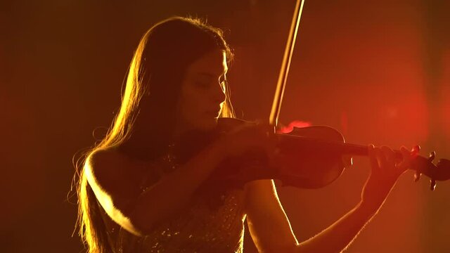 Silhouette of a beautiful girl playing the violin in a dark studio against the background of dynamic colored neon lights. Pretty young woman enjoys playing a musical instrument. Close up.