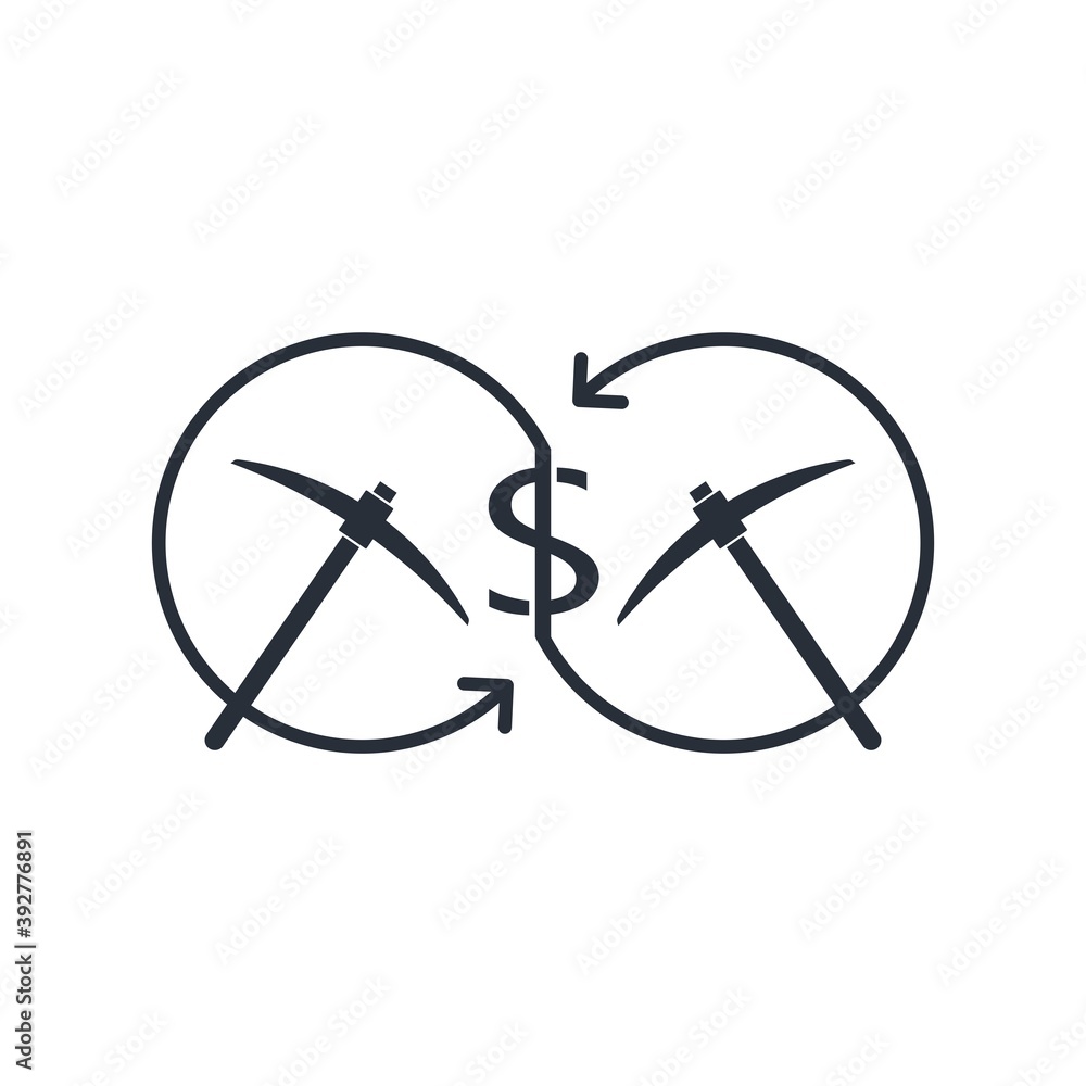Poster dollar sign connecting arrows, pickaxe working tool. joint effort - collaboration working on an econ