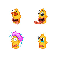 Set of special funny cartoon stickers character head, yellow color, with large lips and eyes in a vector on a white background.