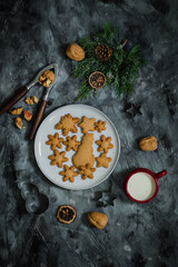 Christmas cookies with walnuts and nutcracker. Cup of milk on dark background. 