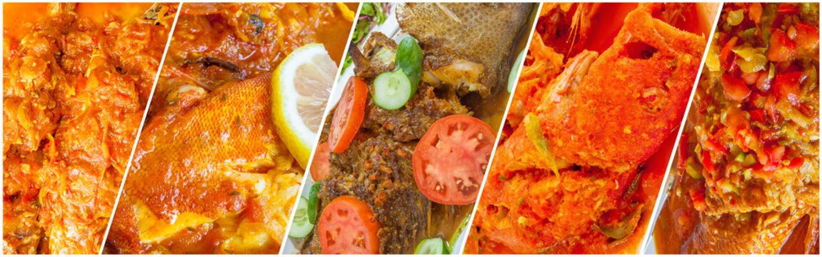 Collage de plats cuisinés, caris de poissons , gastronomie réunionnaise 