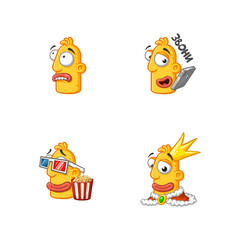 Set of special funny cartoon stickers character head, yellow color, with large lips and eyes in a vector on a white background.