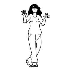young woman using reality virtual technology line style