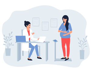 Pregnant woman at the obstetrician-gynecologist appointment determines your weight. Another trip to the gynecological office of a pregnant woman. Flat vector illustration.