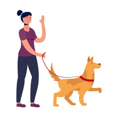 young woman walking with dog practicing activity