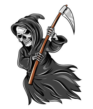 The grim reaper flaying and holding the scythe and using the grey cloak
