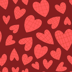 Seamless pattern on burgundy red background with various pink tartan hearts. Cute design for textile and other print.