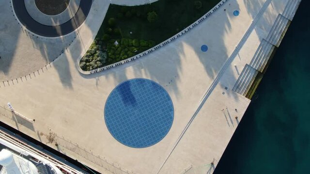 Aerial shot of The Greeting to the Sun monument, & Sea organs, Zadar, Croatia