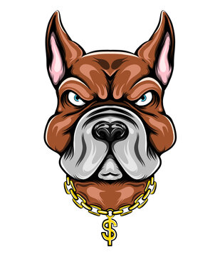 The illustration of the big head pit bull with the big ears and using the gold dollar necklace