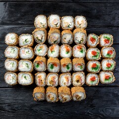 Set of five types of tempura rolls on a black wooden table top.