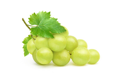Bunch of Green Grape with leaves solated on white background.