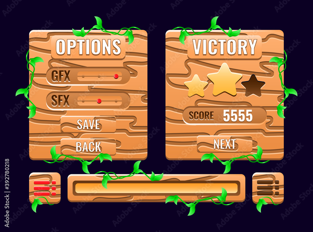 Aufkleber set of wooden nature game ui options, level complete board pop up interface, and progress bar icon f