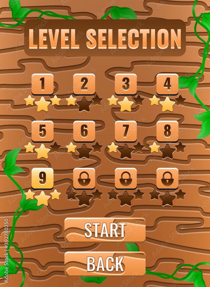 Poster portrait game ui wooden nature level selection board pop up interface for gui asset elements vector 