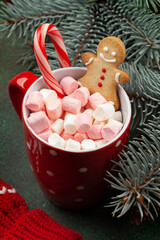 Christmas card with fir tree and cup with marshmallow