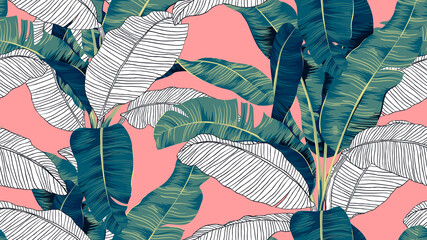 Botanical seamless pattern, hand drawn banana tree on bright red © momosama