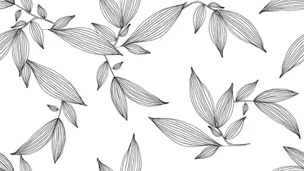 Fotobehang Botanical seamless pattern, hand drawn line art  leaves on white © momosama