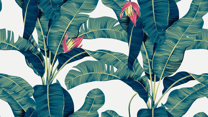 Botanical seamless pattern, hand drawn banana tree on bright grey